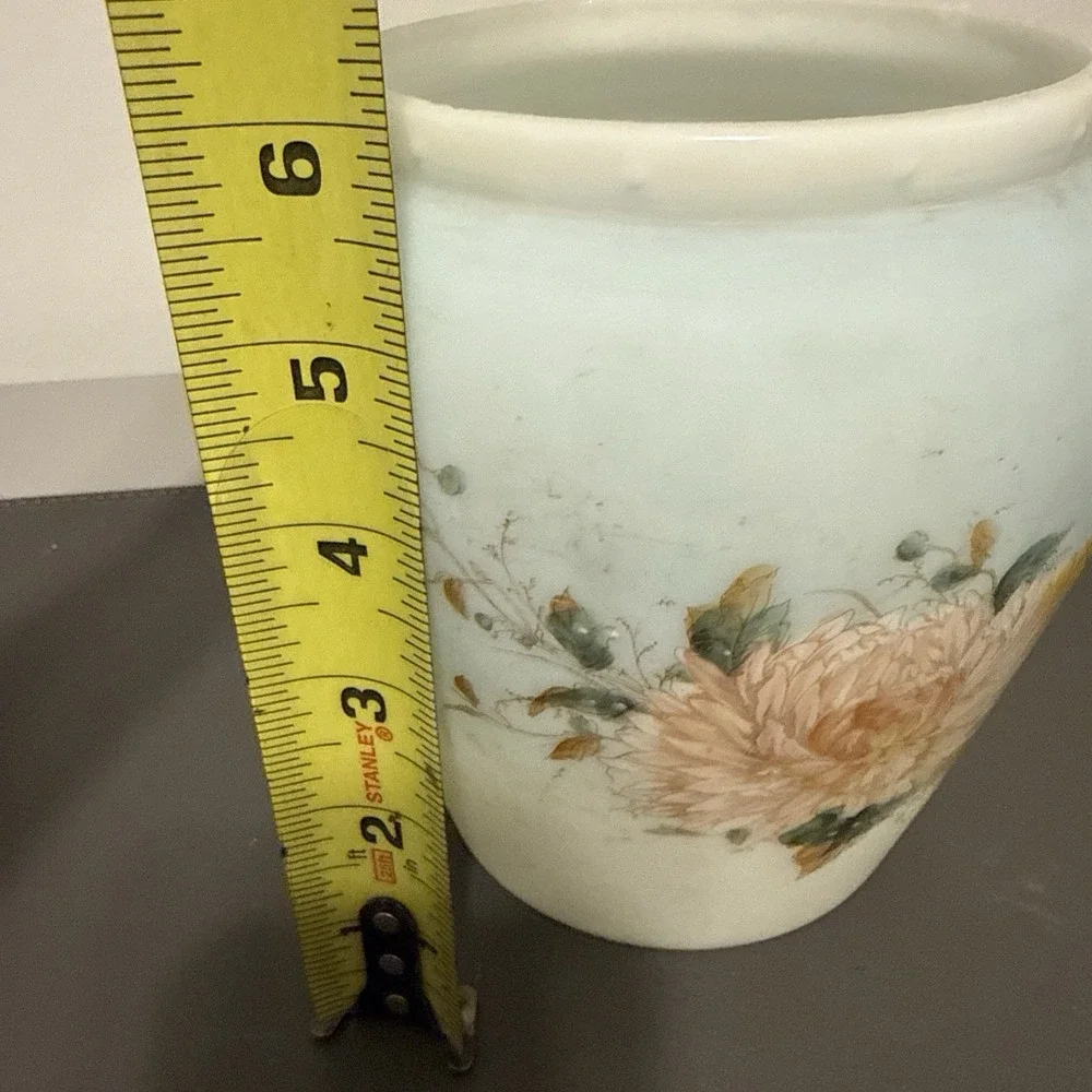 Vintage Satin Frosted Blue Glass Vase Hand Painted Floral Chrysanthemum 6.25